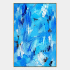 Abstract Expressionist abstract oil painting showing layered abstract marks, texture and expressive painterly movement in a blue palette.