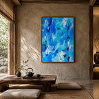 Abstract Expressionist abstract oil painting showing layered abstract marks, texture and expressive painterly movement in a blue palette.