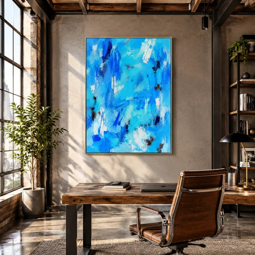 Abstract Expressionist abstract oil painting showing layered abstract marks, texture and expressive painterly movement in a blue palette.