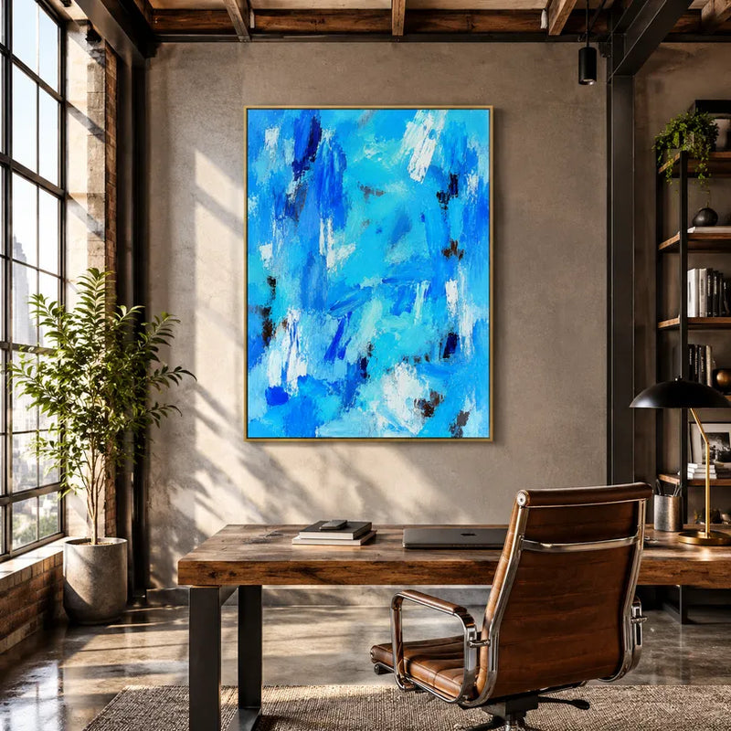 Espressionismo astratto Pittura a olio astratta e concettuale con segni astratti stratificati, consistenza e movimento pittorico espressivo in una tavolozza blu.