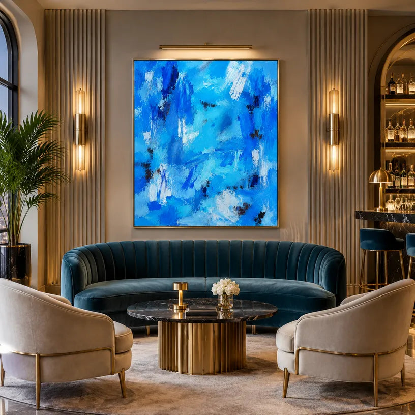 Abstract Expressionist abstract oil painting showing layered abstract marks, texture and expressive painterly movement in a blue palette.