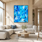 Abstract Expressionist abstract oil painting showing layered abstract marks, texture and expressive painterly movement in a blue palette.