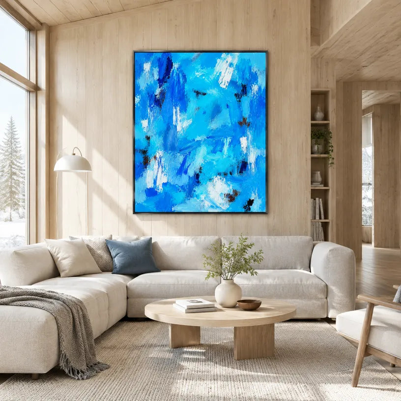 Abstract Expressionist abstract oil painting showing layered abstract marks, texture and expressive painterly movement in a blue palette.