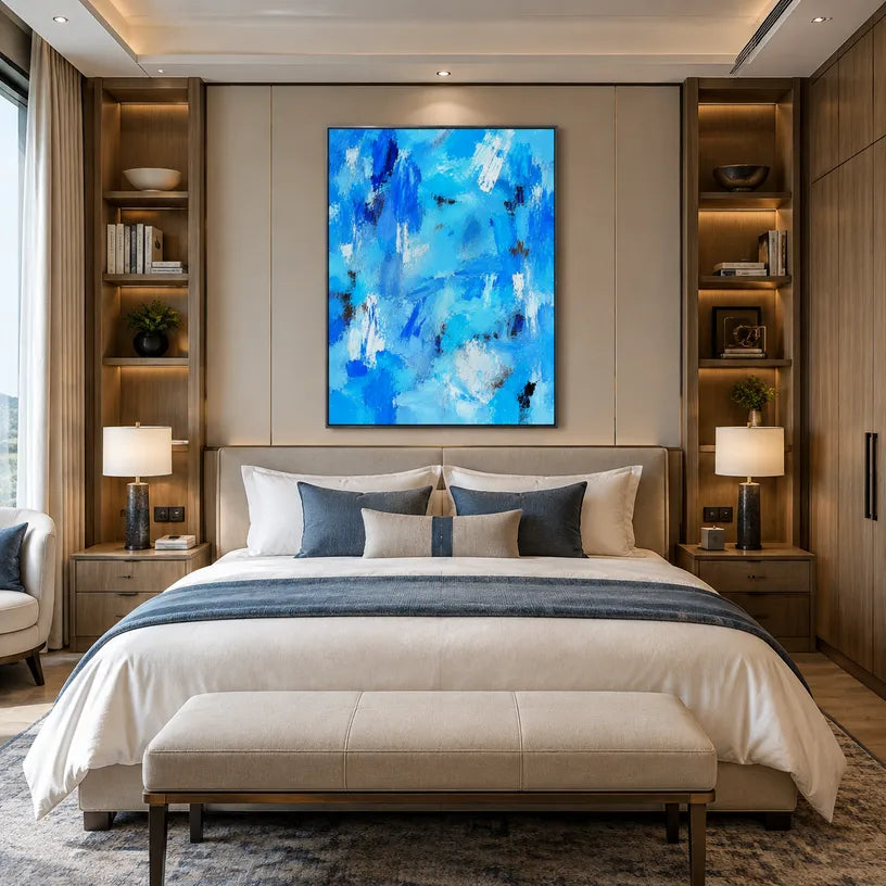 Abstract Expressionist abstract oil painting showing layered abstract marks, texture and expressive painterly movement in a blue palette.