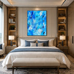 Abstract Expressionist abstract oil painting showing layered abstract marks, texture and expressive painterly movement in a blue palette.