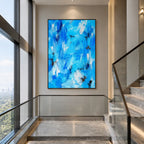Abstract Expressionist abstract oil painting showing layered abstract marks, texture and expressive painterly movement in a blue palette.