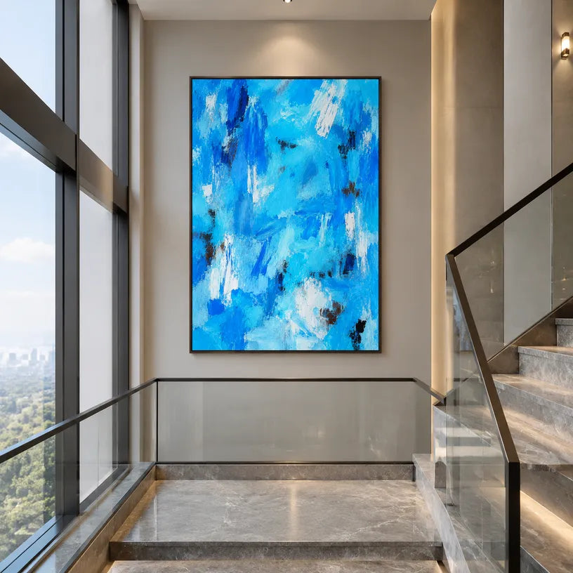 Abstract Expressionist abstract oil painting showing layered abstract marks, texture and expressive painterly movement in a blue palette.