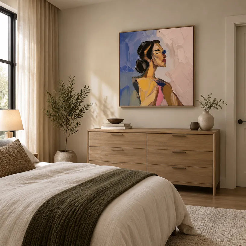 Abstract Expressionist portraiture & figure oil painting showing a stylized female portrait with beige and blush tones in a beige palette, contemporary wall art.