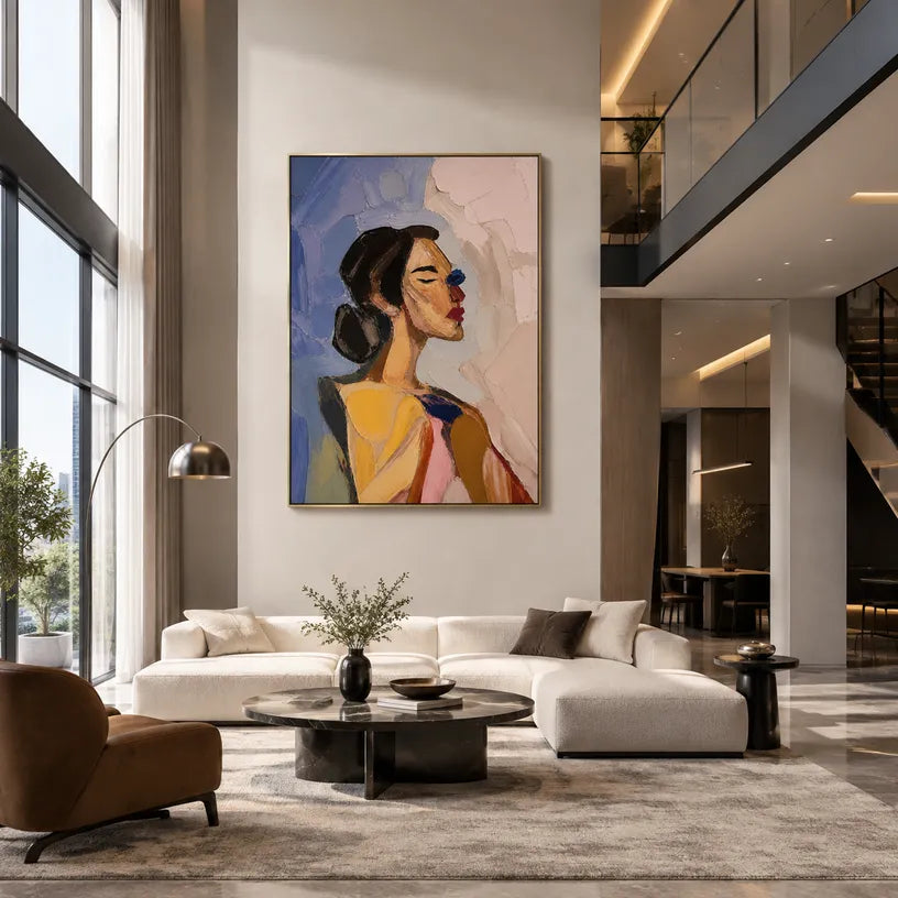 Abstract Expressionist portraiture & figure oil painting showing a stylized female portrait with beige and blush tones in a beige palette, contemporary wall art.