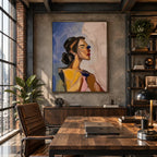 Abstract Expressionist portraiture & figure oil painting showing a stylized female portrait with beige and blush tones in a beige palette, contemporary wall art.