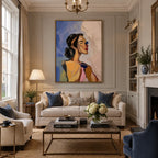 Abstract Expressionist portraiture & figure oil painting showing a stylized female portrait with beige and blush tones in a beige palette, contemporary wall art.