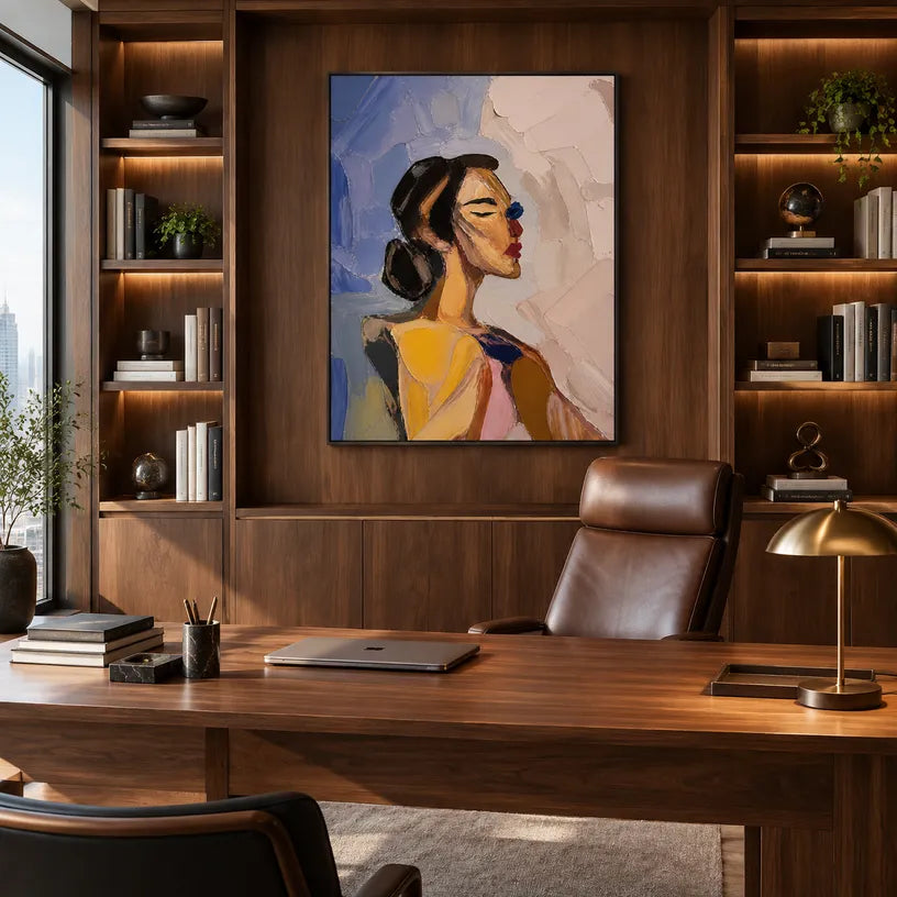 Abstract Expressionist portraiture & figure oil painting showing a stylized female portrait with beige and blush tones in a beige palette, contemporary wall art.