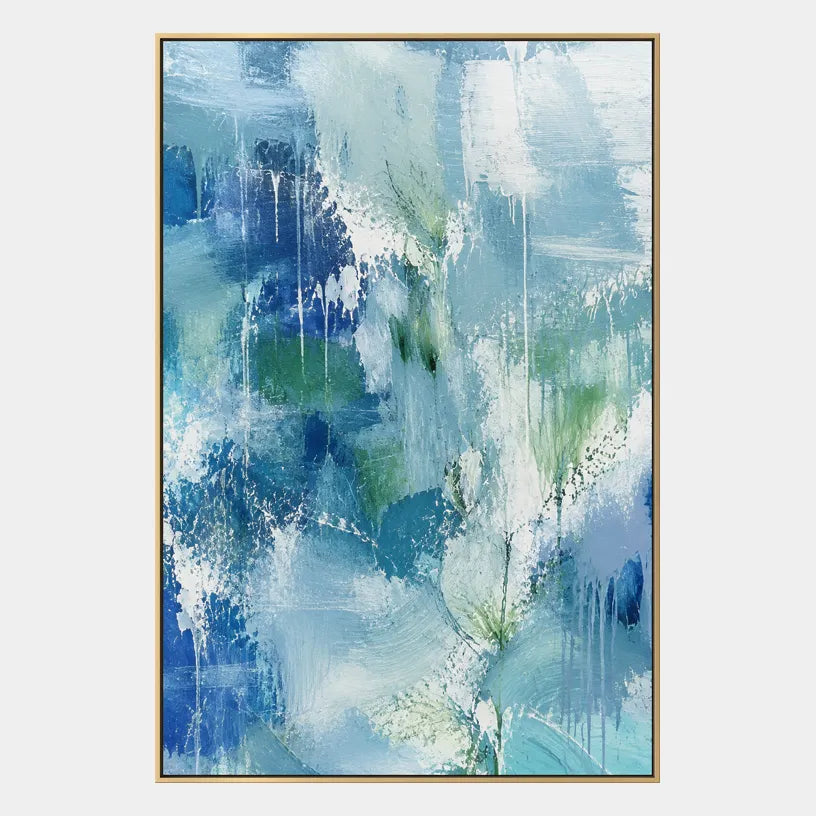 Abstract Expressionist abstract oil painting showing layered abstract marks, texture and expressive painterly movement in a blue palette.
