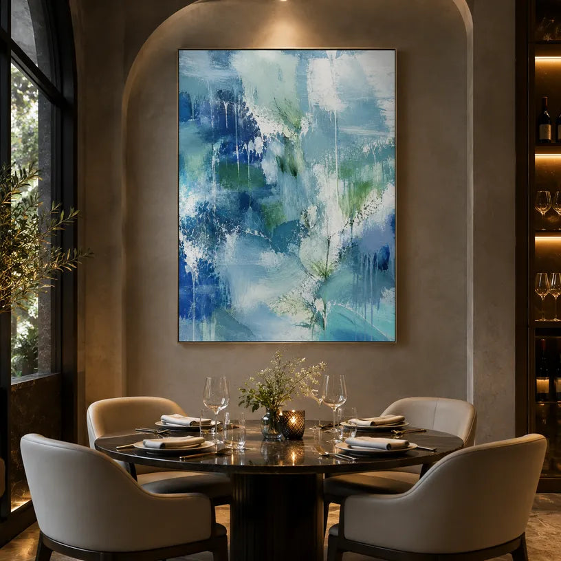 Abstract Expressionist abstract oil painting showing layered abstract marks, texture and expressive painterly movement in a blue palette.
