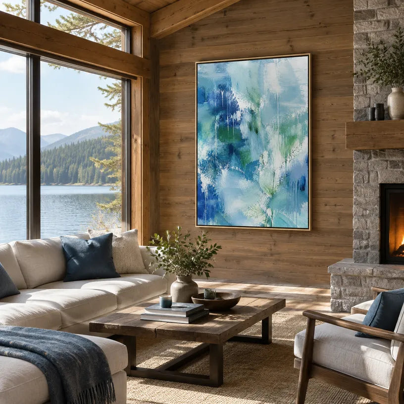 Abstract Expressionist abstract oil painting showing layered abstract marks, texture and expressive painterly movement in a blue palette.