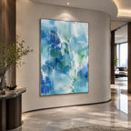Abstract Expressionist abstract oil painting showing layered abstract marks, texture and expressive painterly movement in a blue palette.