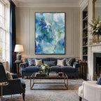 Abstract Expressionist abstract oil painting showing layered abstract marks, texture and expressive painterly movement in a blue palette.