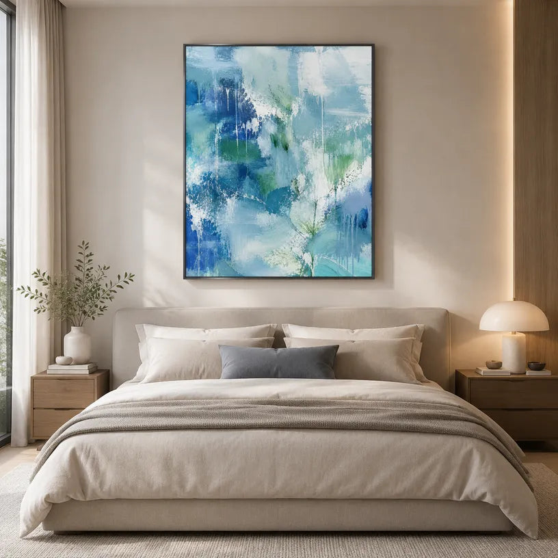 Abstract Expressionist abstract oil painting showing layered abstract marks, texture and expressive painterly movement in a blue palette.