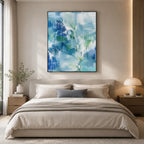 Abstract Expressionist abstract oil painting showing layered abstract marks, texture and expressive painterly movement in a blue palette.
