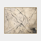 Abstract Expressionist abstract oil painting showing black splashes and sweeping lines over beige texture in a beige palette, contemporary wall art.