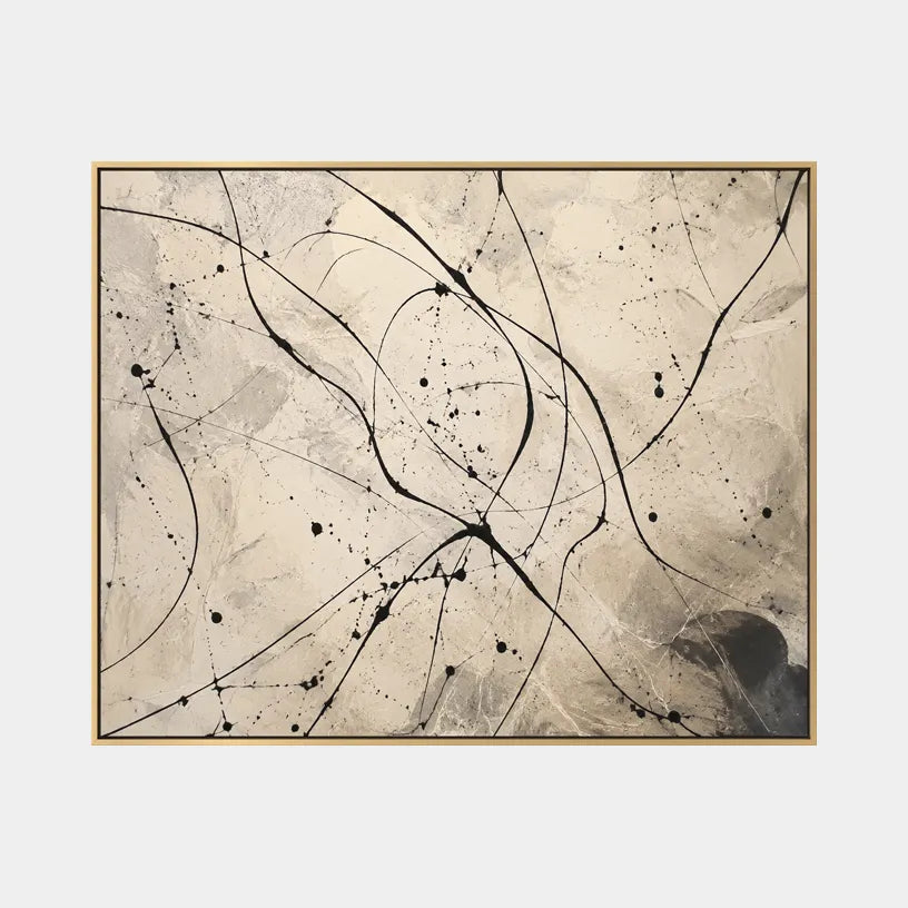 Abstract Expressionist abstract oil painting showing black splashes and sweeping lines over beige texture in a beige palette, contemporary wall art.