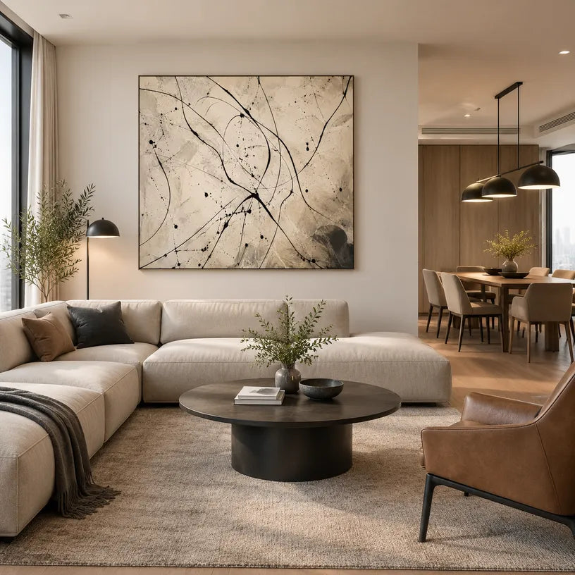 Abstract Expressionist abstract oil painting showing black splashes and sweeping lines over beige texture in a beige palette, contemporary wall art.