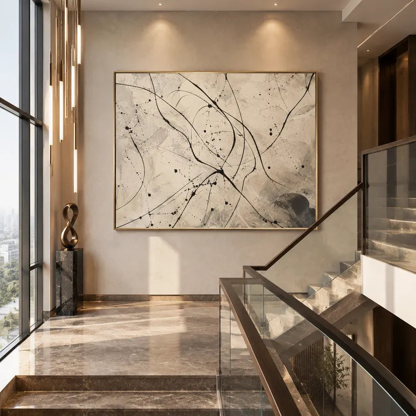 Abstract Expressionist abstract oil painting showing black splashes and sweeping lines over beige texture in a beige palette, contemporary wall art.