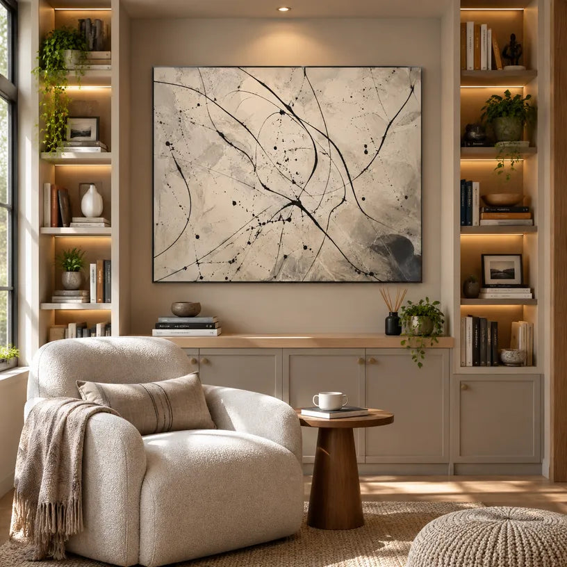 Abstract Expressionist abstract oil painting showing black splashes and sweeping lines over beige texture in a beige palette, contemporary wall art.