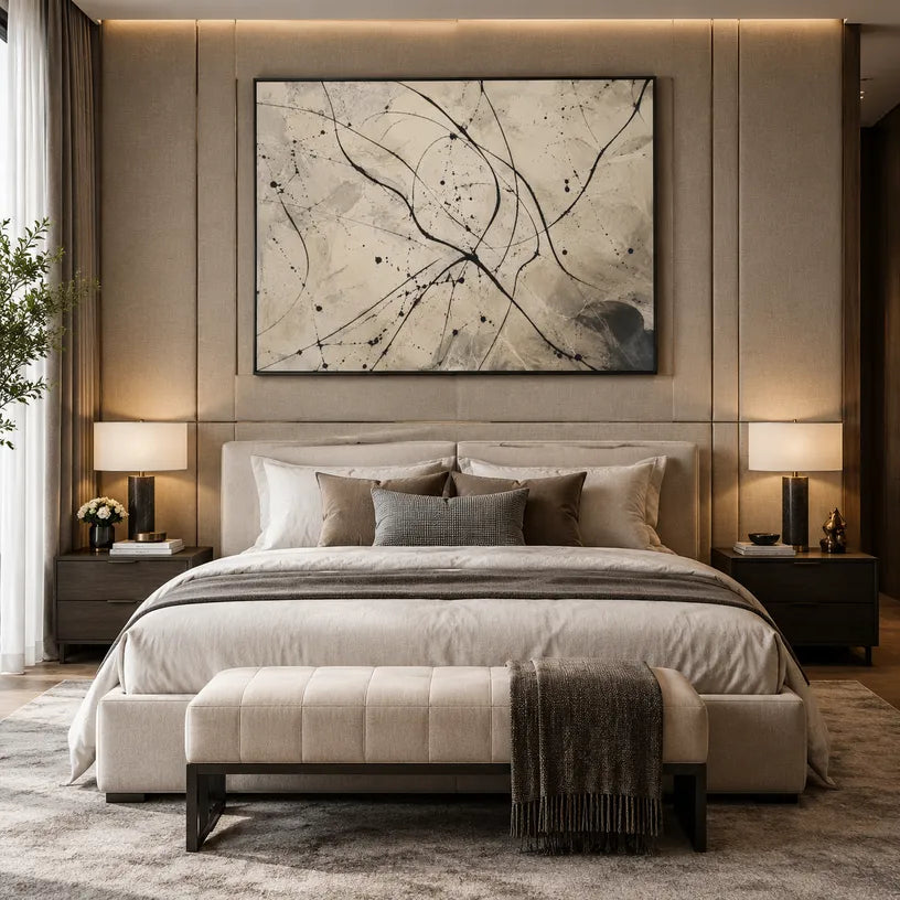 Abstract Expressionist abstract oil painting showing black splashes and sweeping lines over beige texture in a beige palette, contemporary wall art.