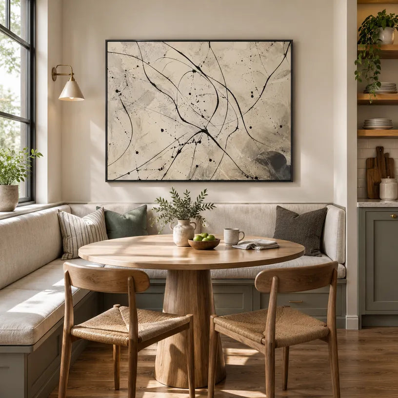 Abstract Expressionist abstract oil painting showing black splashes and sweeping lines over beige texture in a beige palette, contemporary wall art.