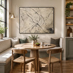 Abstract Expressionist abstract oil painting showing black splashes and sweeping lines over beige texture in a beige palette, contemporary wall art.