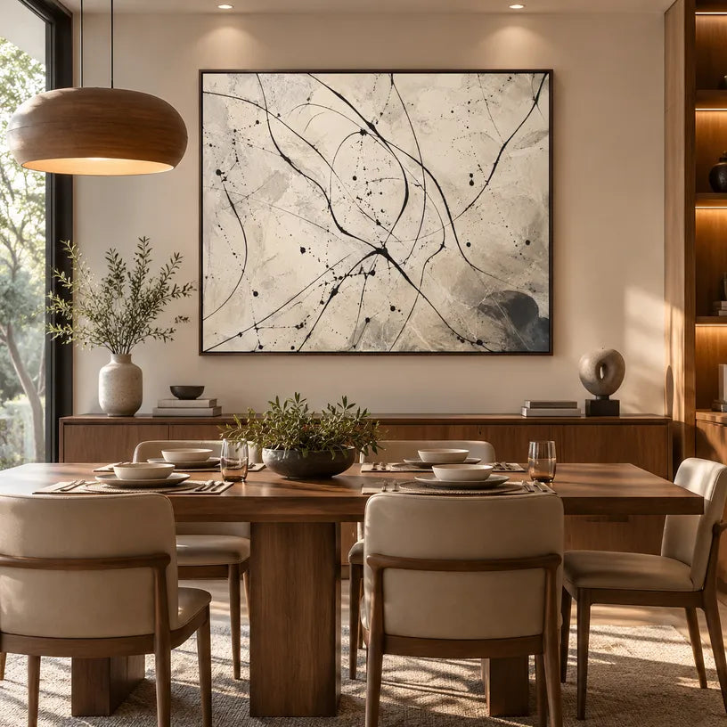 Abstract Expressionist abstract oil painting showing black splashes and sweeping lines over beige texture in a beige palette, contemporary wall art.