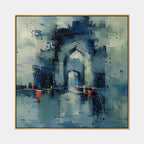 Abstract Expressionist landscapes & seascapes & cityscapes oil painting showing a stylized city skyline with reflective water and atmospheric light in a blue palette.