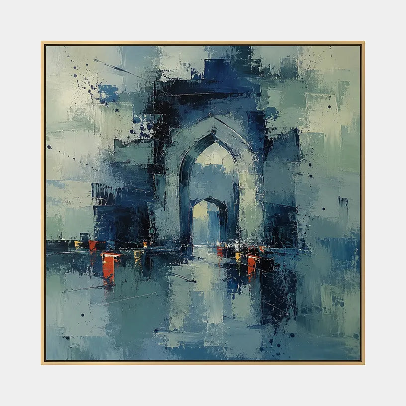 Abstract Expressionist landscapes & seascapes & cityscapes oil painting showing a stylized city skyline with reflective water and atmospheric light in a blue palette.