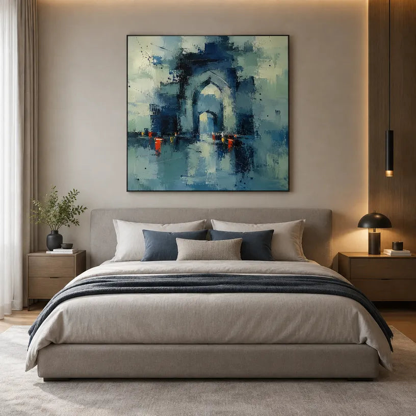 Abstract Expressionist landscapes & seascapes & cityscapes oil painting showing a stylized city skyline with reflective water and atmospheric light in a blue palette.