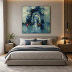 Abstract Expressionist landscapes & seascapes & cityscapes oil painting showing a stylized city skyline with reflective water and atmospheric light in a blue palette.