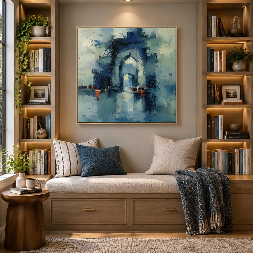 Abstract Expressionist landscapes & seascapes & cityscapes oil painting showing a stylized city skyline with reflective water and atmospheric light in a blue palette.