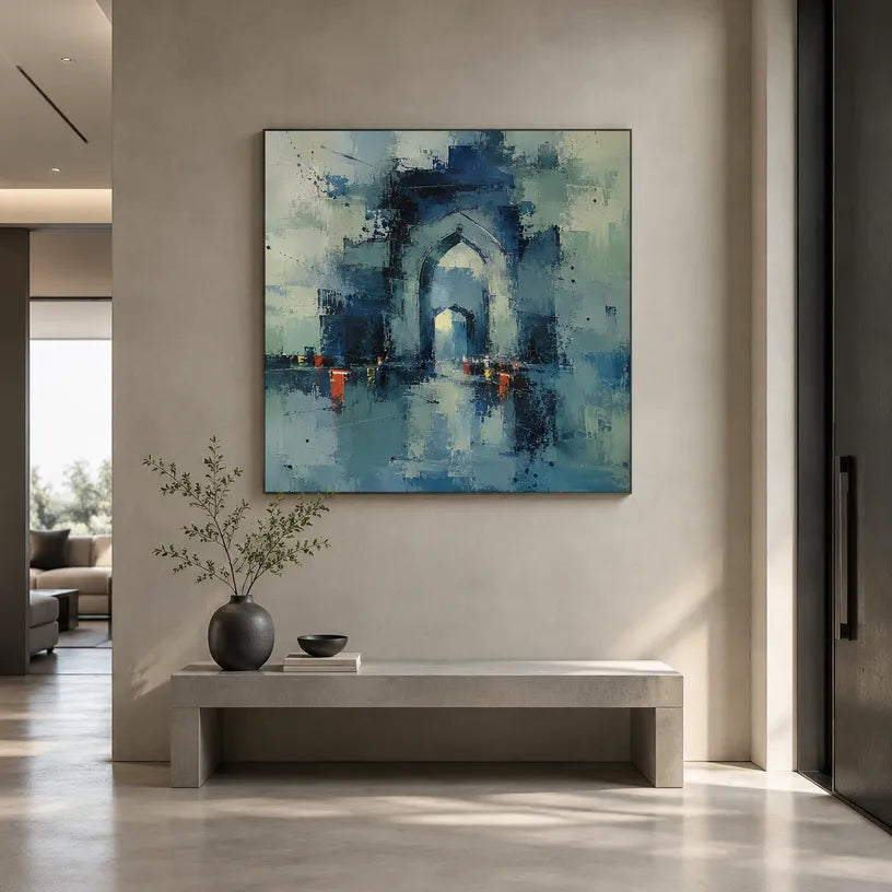 Abstract Expressionist landscapes & seascapes & cityscapes oil painting showing a stylized city skyline with reflective water and atmospheric light in a blue palette.
