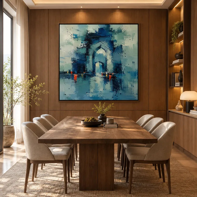 Abstract Expressionist landscapes & seascapes & cityscapes oil painting showing a stylized city skyline with reflective water and atmospheric light in a blue palette.