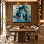 Abstract Expressionist landscapes & seascapes & cityscapes oil painting showing a stylized city skyline with reflective water and atmospheric light in a blue palette.