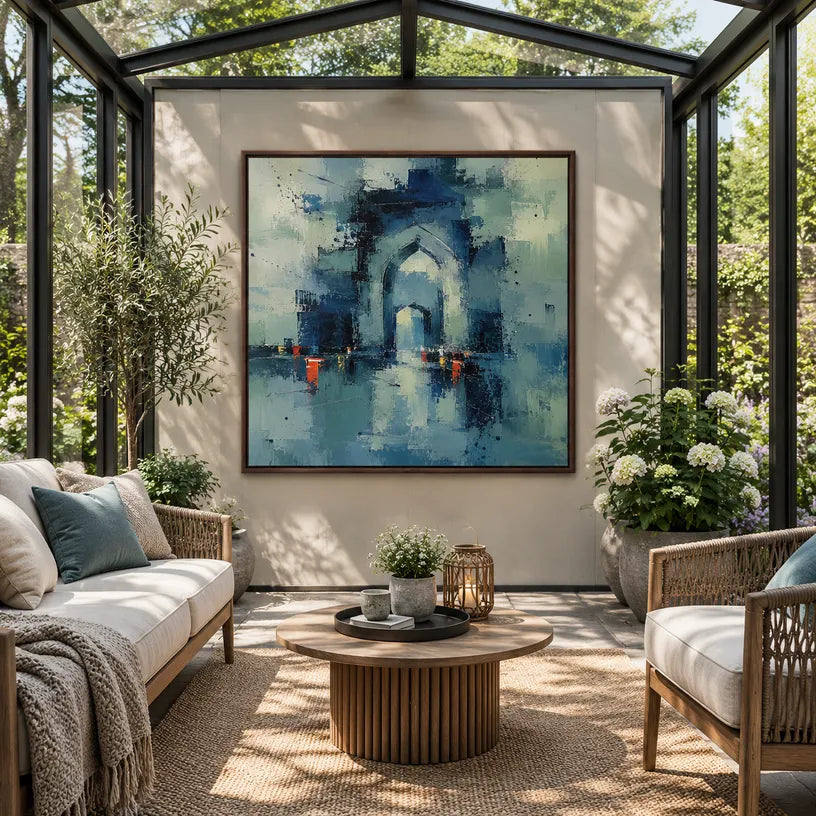 Abstract Expressionist landscapes & seascapes & cityscapes oil painting showing a stylized city skyline with reflective water and atmospheric light in a blue palette.