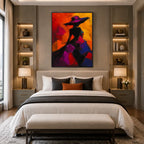 Abstract Expressionist portraiture & figure oil painting showing a stylized figure or portrait with expressive painterly shapes in a black palette.