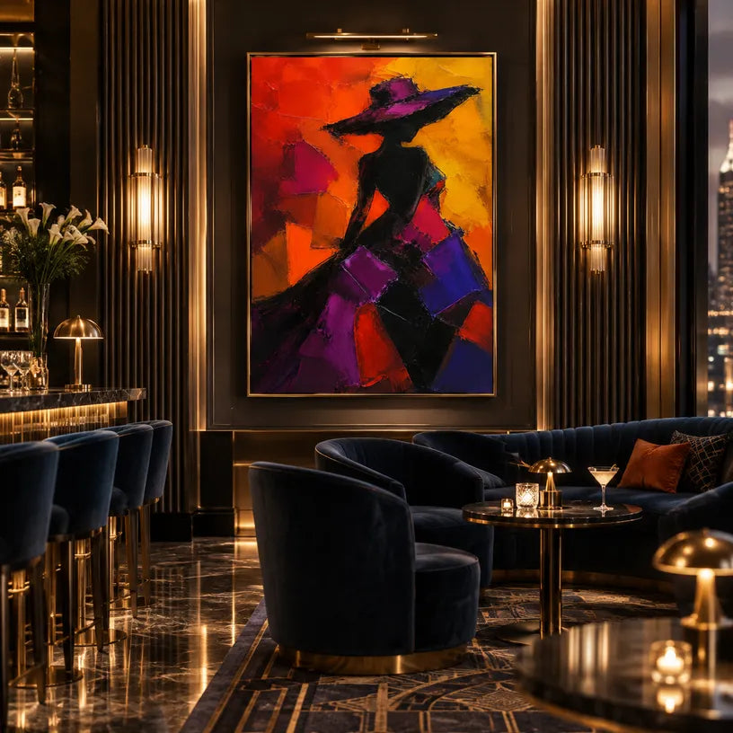 Abstract Expressionist portraiture & figure oil painting showing a stylized figure or portrait with expressive painterly shapes in a black palette.