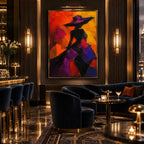 Abstract Expressionist portraiture & figure oil painting showing a stylized figure or portrait with expressive painterly shapes in a black palette.