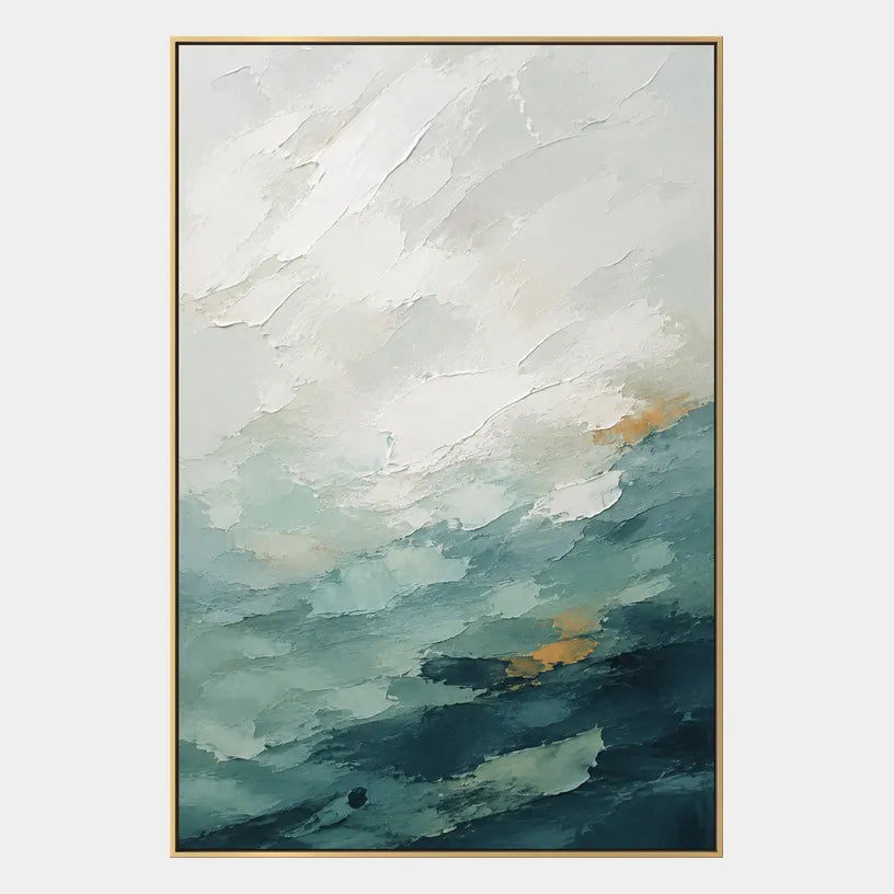 Abstract Expressionist landscapes & seascapes & cityscapes oil painting showing a painterly landscape with distant hills, trees or reflective water.