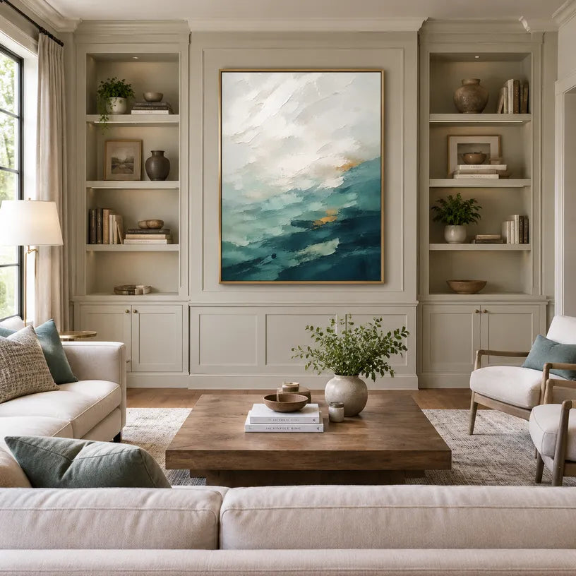 Abstract Expressionist landscapes & seascapes & cityscapes oil painting showing a painterly landscape with distant hills, trees or reflective water.