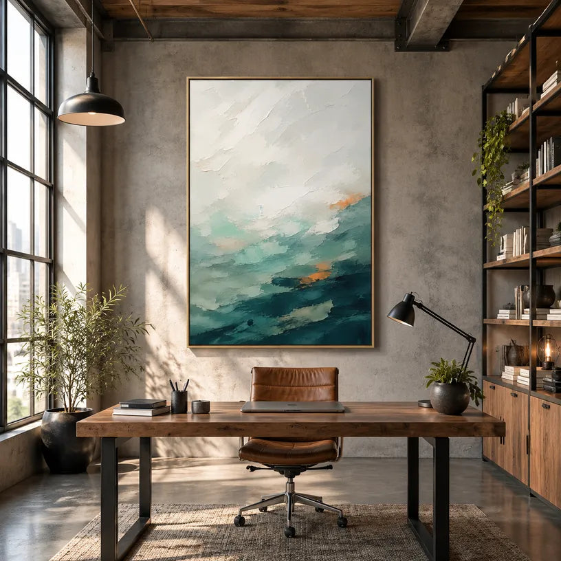 Abstract Expressionist landscapes & seascapes & cityscapes oil painting showing a painterly landscape with distant hills, trees or reflective water.