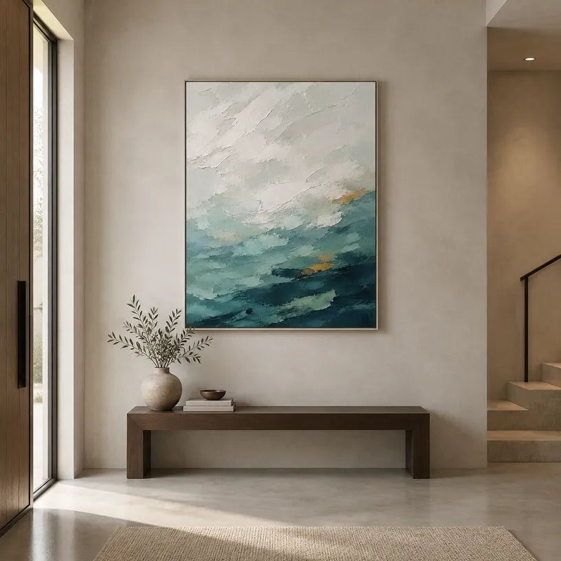 Abstract Expressionist landscapes & seascapes & cityscapes oil painting showing a painterly landscape with distant hills, trees or reflective water.