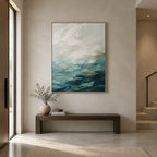 Abstract Expressionist landscapes & seascapes & cityscapes oil painting showing a painterly landscape with distant hills, trees or reflective water.