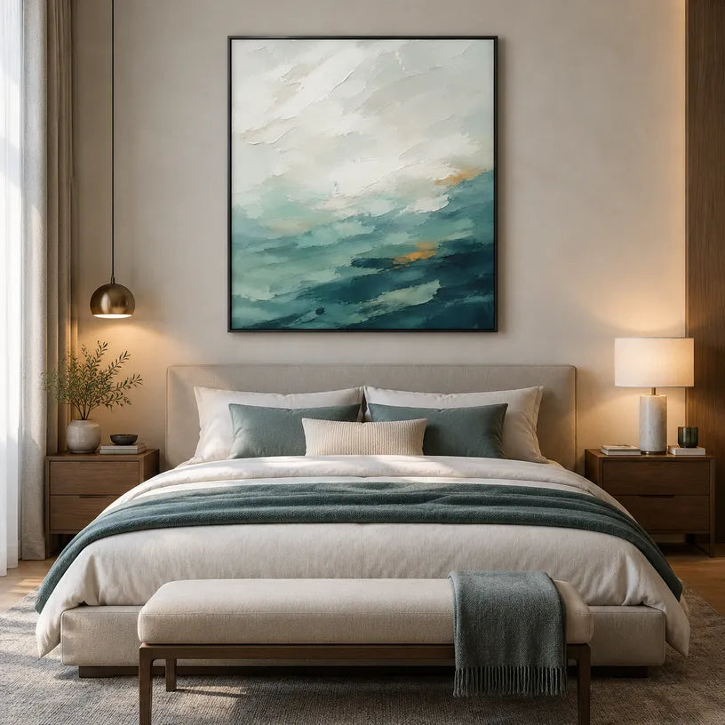 Abstract Expressionist landscapes & seascapes & cityscapes oil painting showing a painterly landscape with distant hills, trees or reflective water.